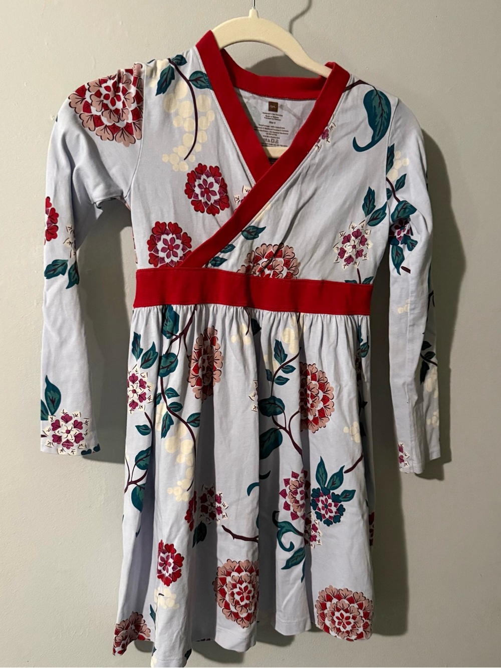Tea Collection Light Blue Floral Wrap Dress with Red Trim